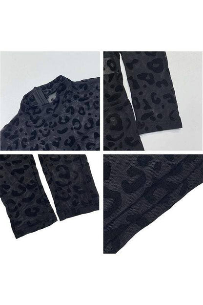 Leopard mesh long sleeves jumpsuit