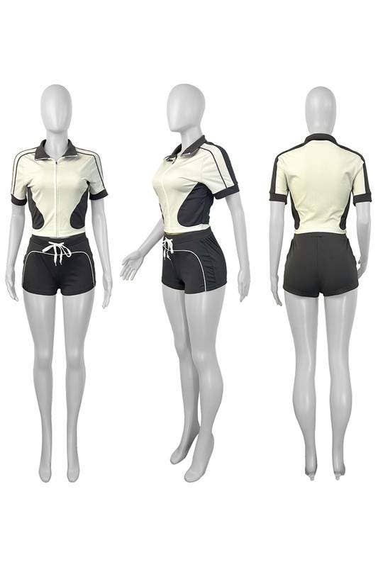 Zip up fitted shirt and shorts set beige light brown