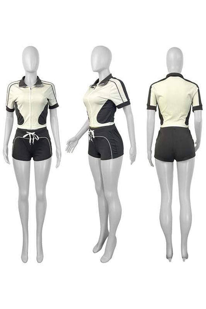 Zip up fitted shirt and shorts set beige light brown