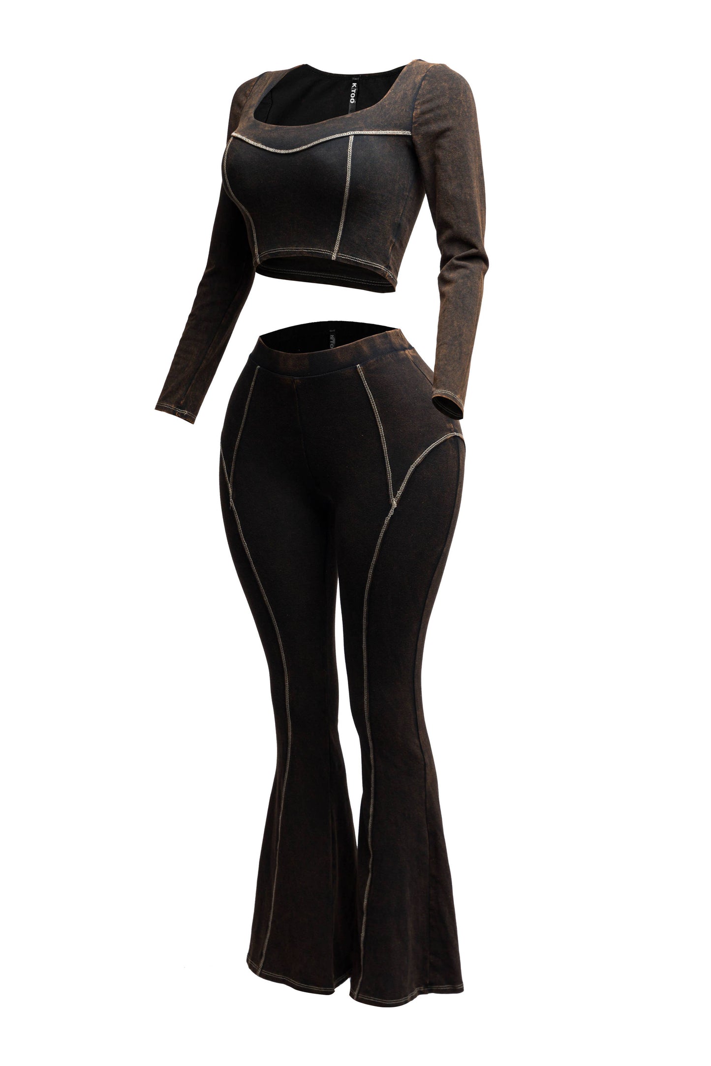 Mineral washed long sleeve crop top &  pants set