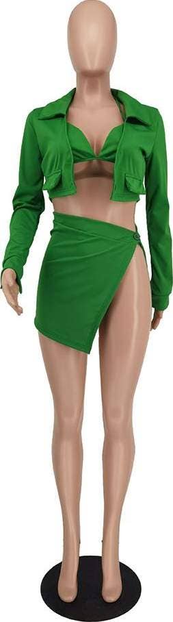 Sexy solid bra with skirt three piece set green