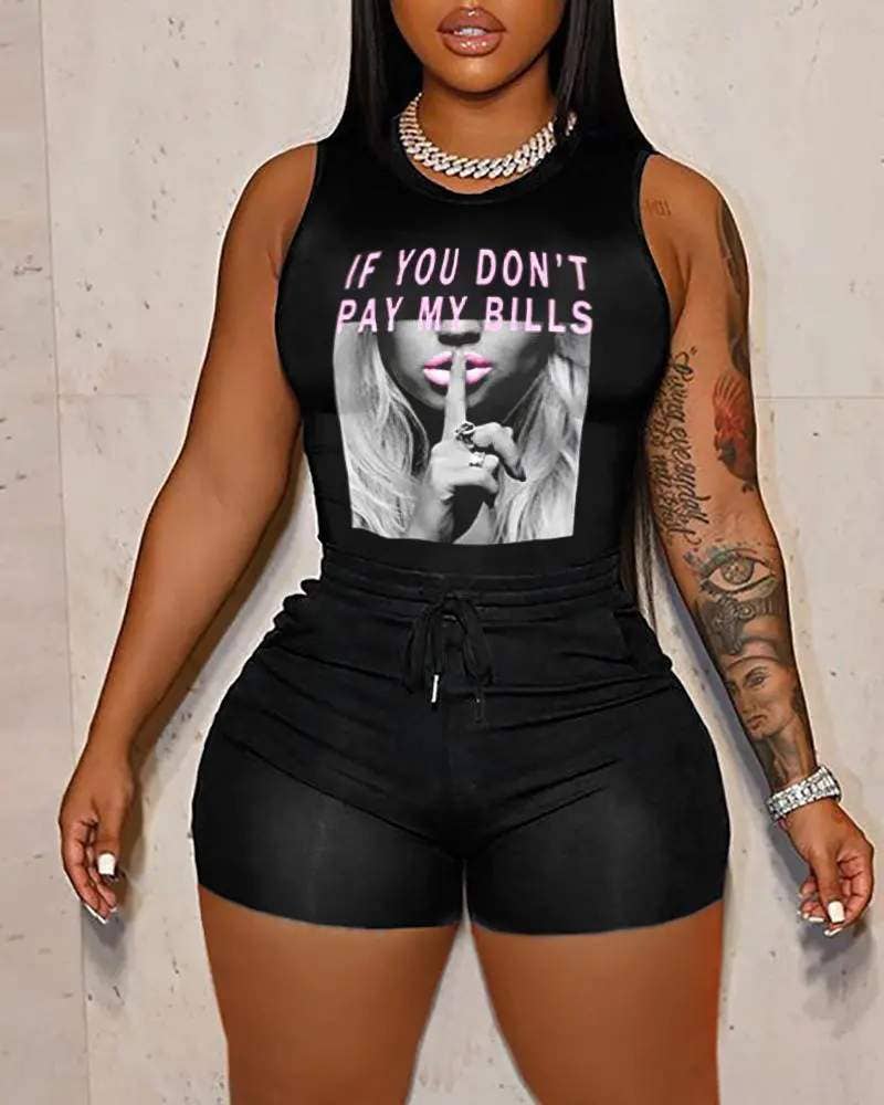 Slogan print tank top drawstring shorts set if you don’t