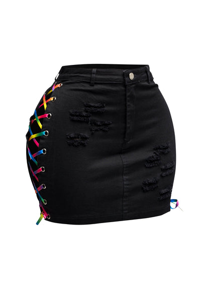 Distressed Denim Skirt With Rainbow Shoe Lace Up