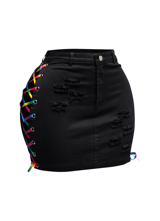 Distressed Denim Skirt With Rainbow Shoe Lace Up