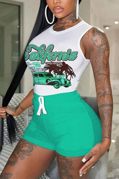 Graphic Tee and Shorts Set - Sleeveless Racer Car Design