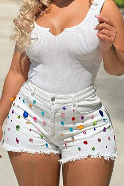 Color gem ripped denim shorts