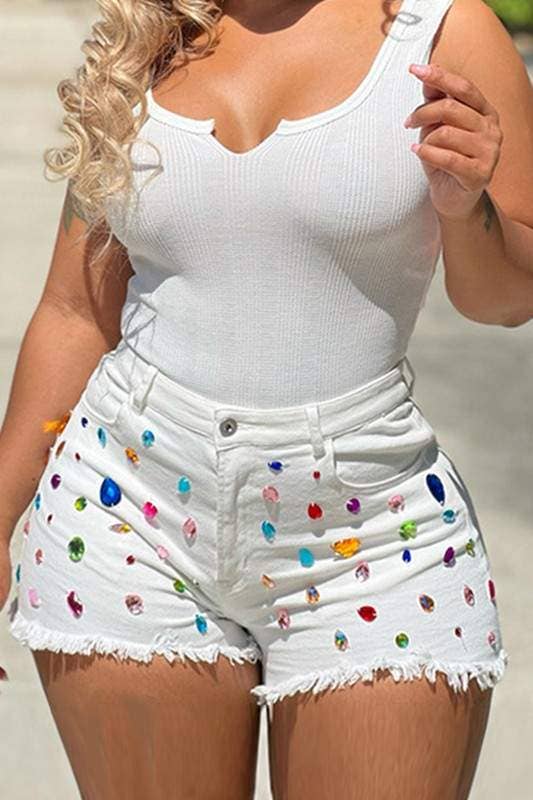 Color gem ripped denim shorts