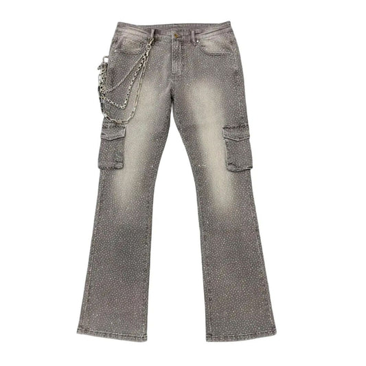 Premium Milano Rhinestone Stacked Cargo Jeans Gray Wash