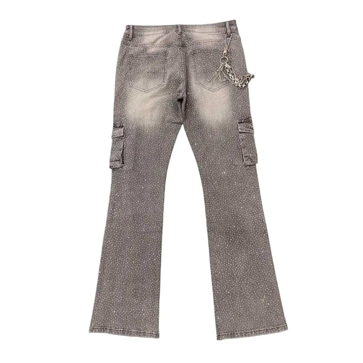 Premium Milano Rhinestone Stacked Cargo Jeans Gray Wash