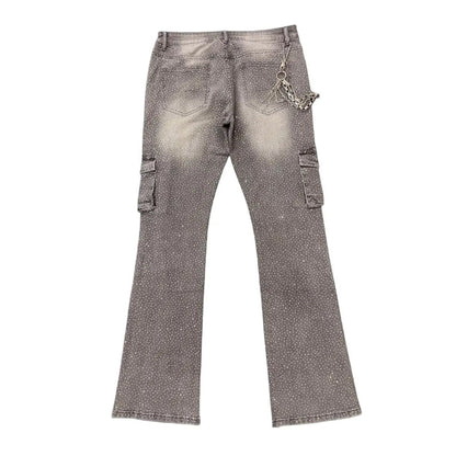 Premium Milano Rhinestone Stacked Cargo Jeans Gray Wash