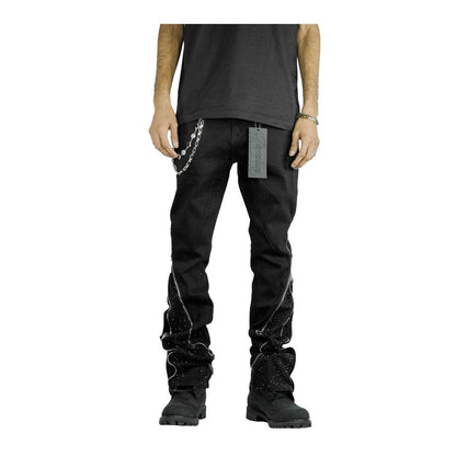 Premium Milano Dirty Washed Zip White Stone Stacked Flare Jeans