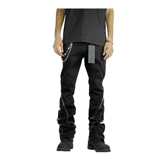 Premium Milano Dirty Washed Zip White Stone Stacked Flare Jeans