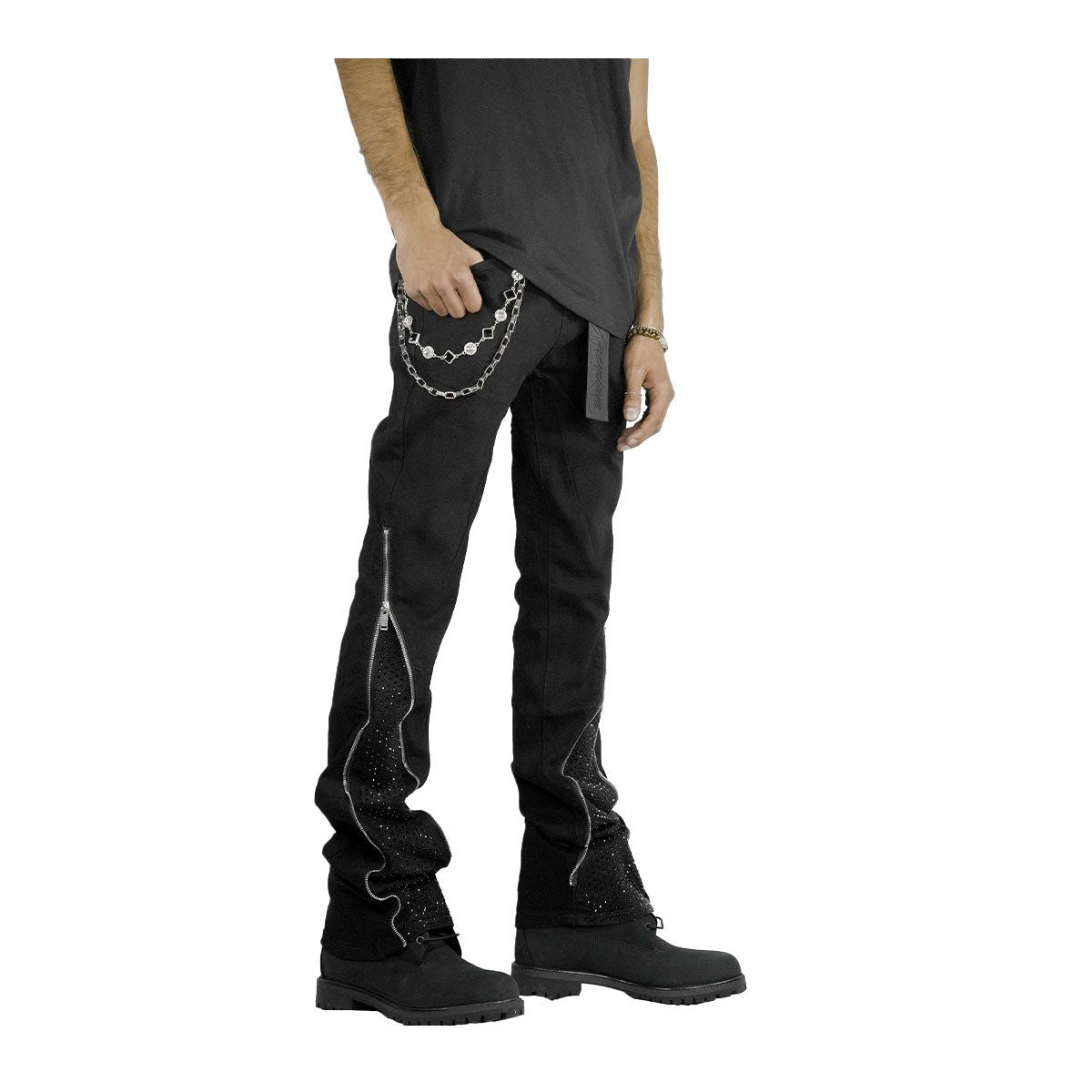 Premium Milano Dirty Washed Zip White Stone Stacked Flare Jeans