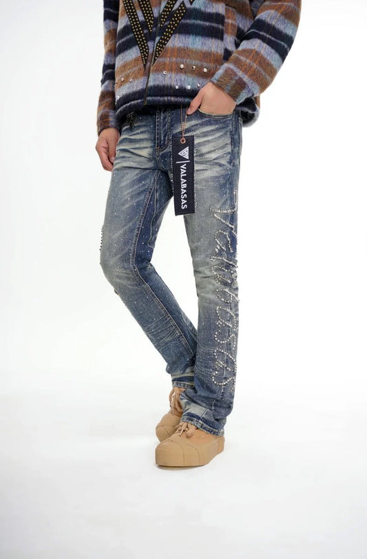 Valabasas Lattice Dark Blue Stacked Jeans