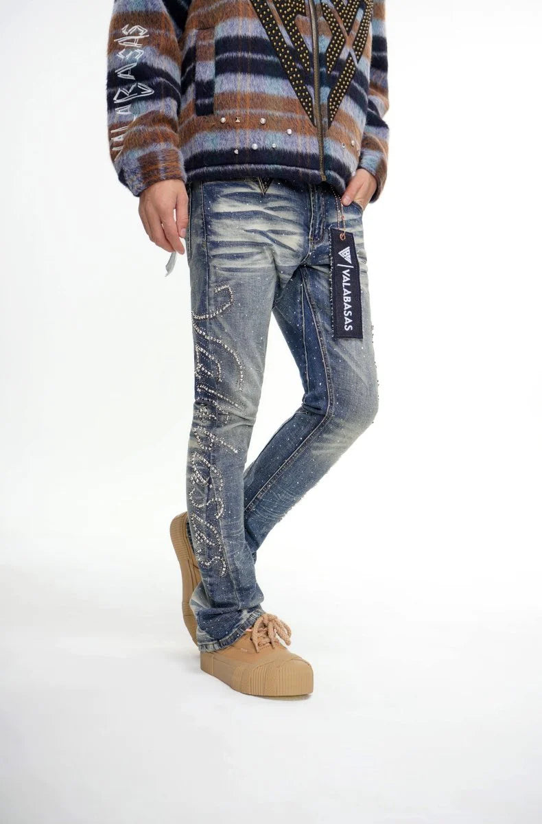 Valabasas Lattice Dark Blue Stacked Jeans