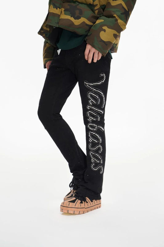 Valabasas Lattice Jet Black Stacked Jeans