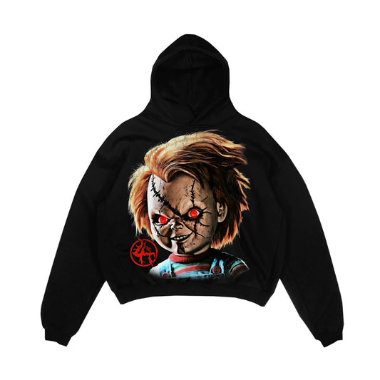 black hoodie with Chucky face