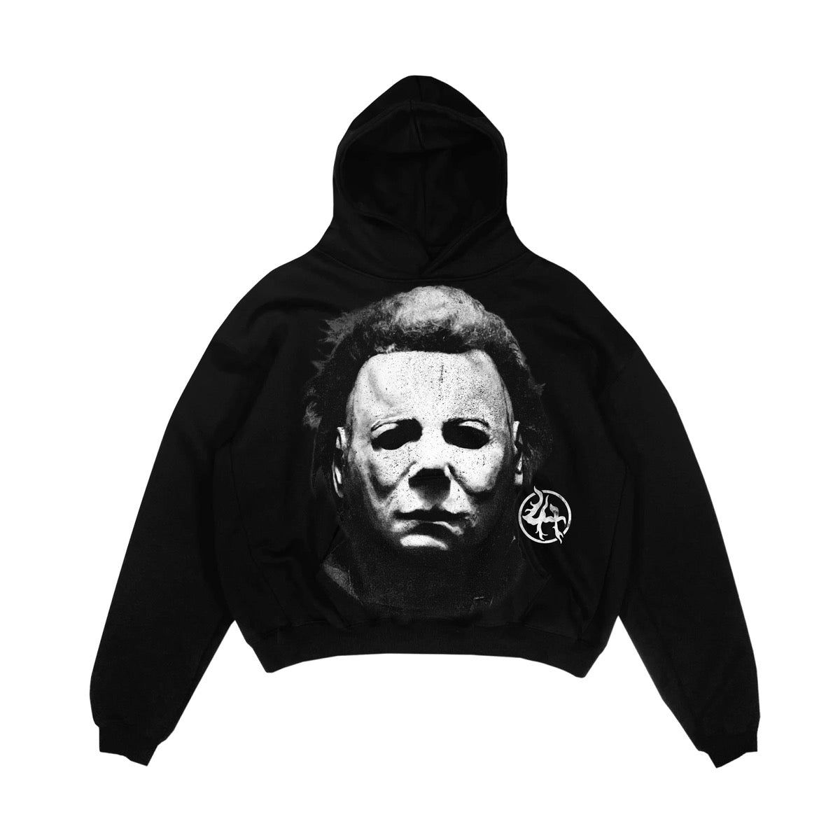 black hoodie with the face of Michael on it