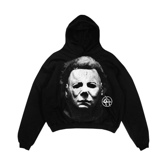 black hoodie with the face of Michael on it