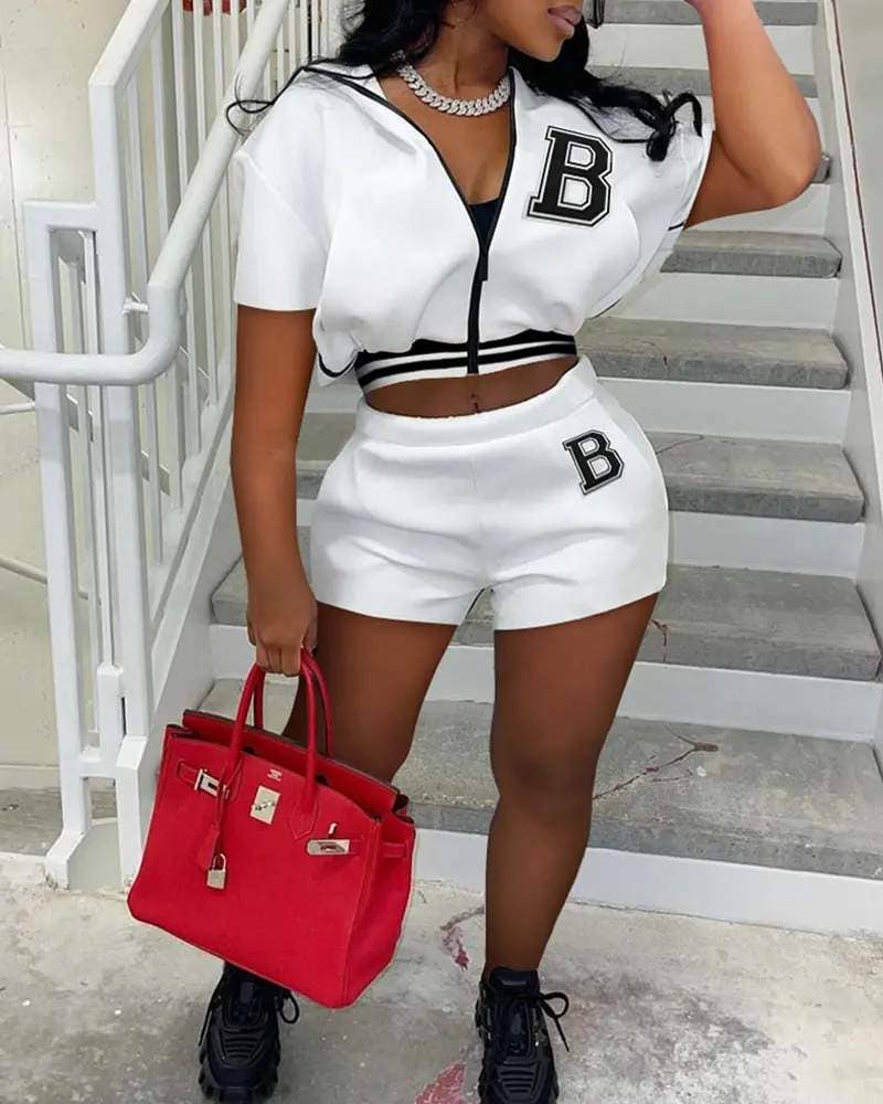 Letter print striped zipper design top shorts set black B