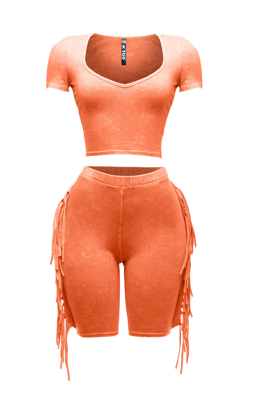 Mineral washed fringe biker set: ORANGE