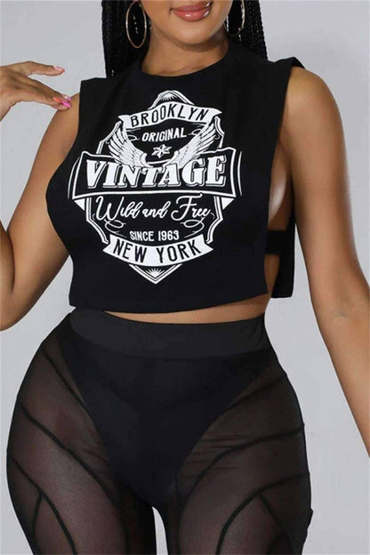 Fashion casual print hollowed out o neck tops vintage
