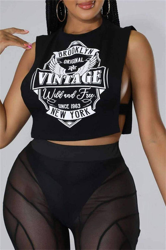 Fashion casual print hollowed out o neck tops vintage