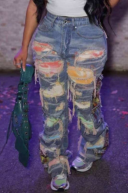 Ripped cutout long jeans women