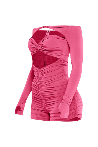 Off shoulder cut out front ruched romper
