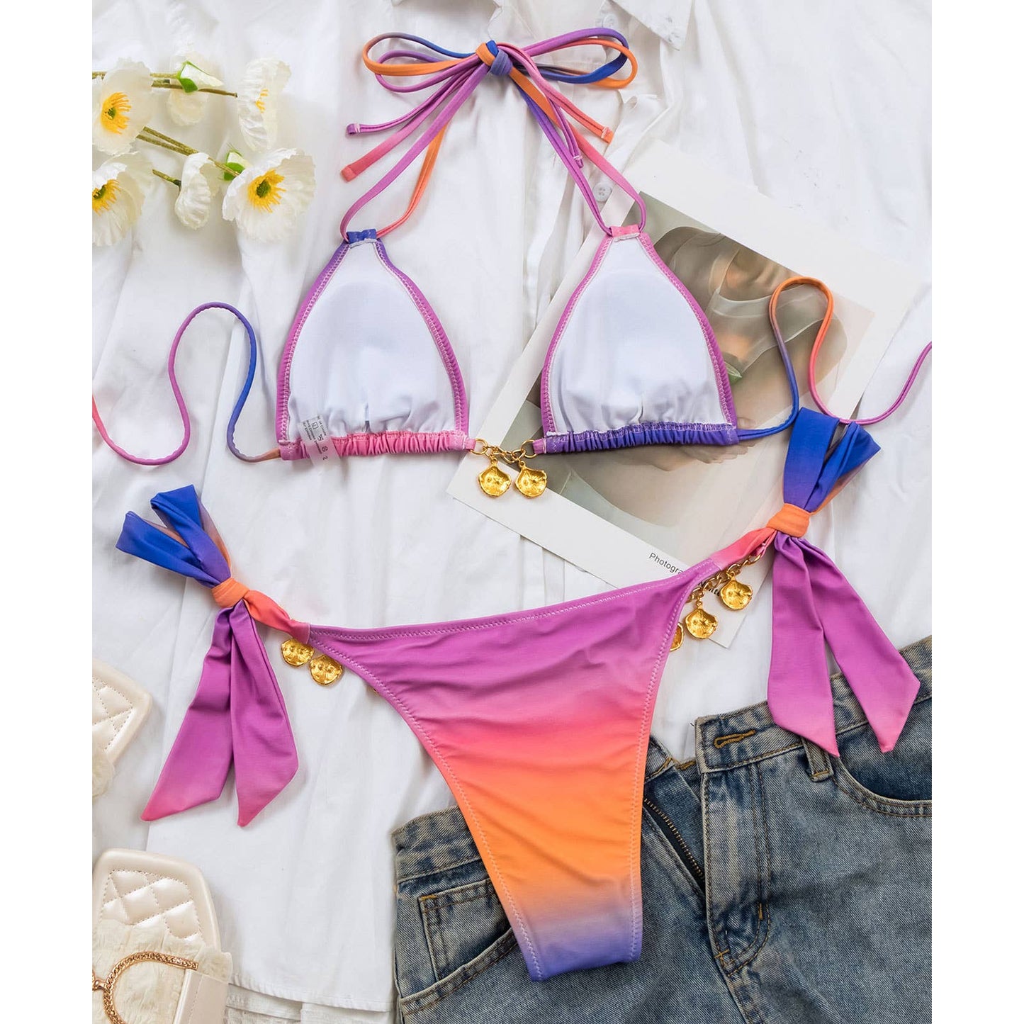 Gradient Bikini Set - Sexy Shell Detail Swimsuit_CWMW0716
