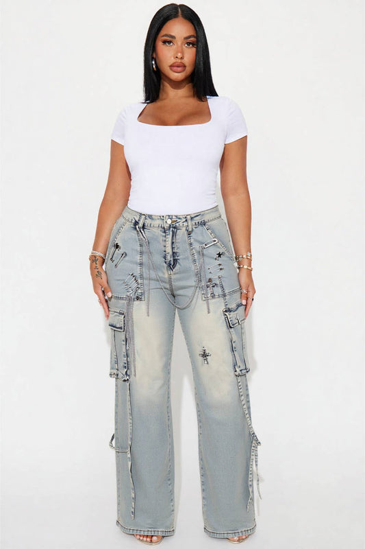 METAL SAFTY PIN DETAILED CARGO JEANS