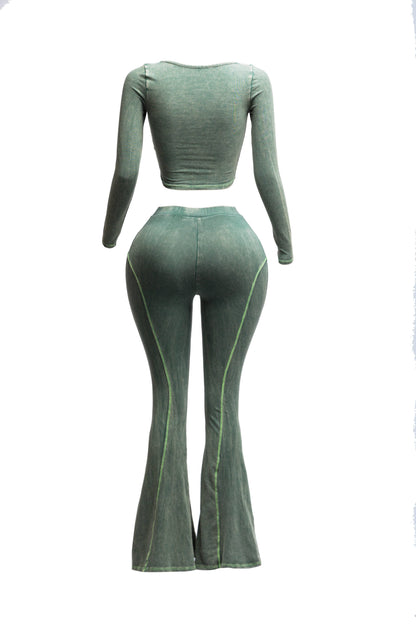 Mineral washed long sleeve crop top &  pants set