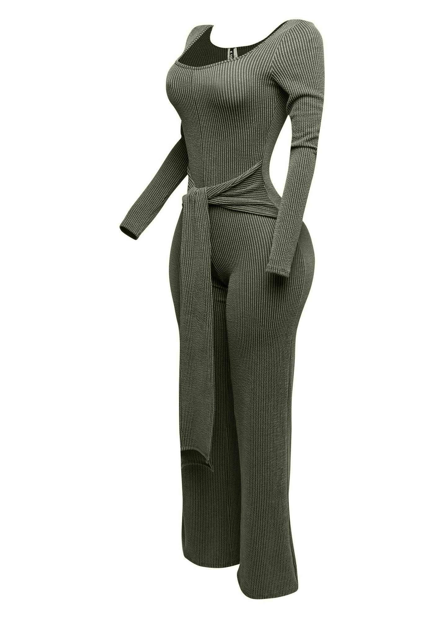 Plus Size Ribbed long sleeve jumpsuit with tie
