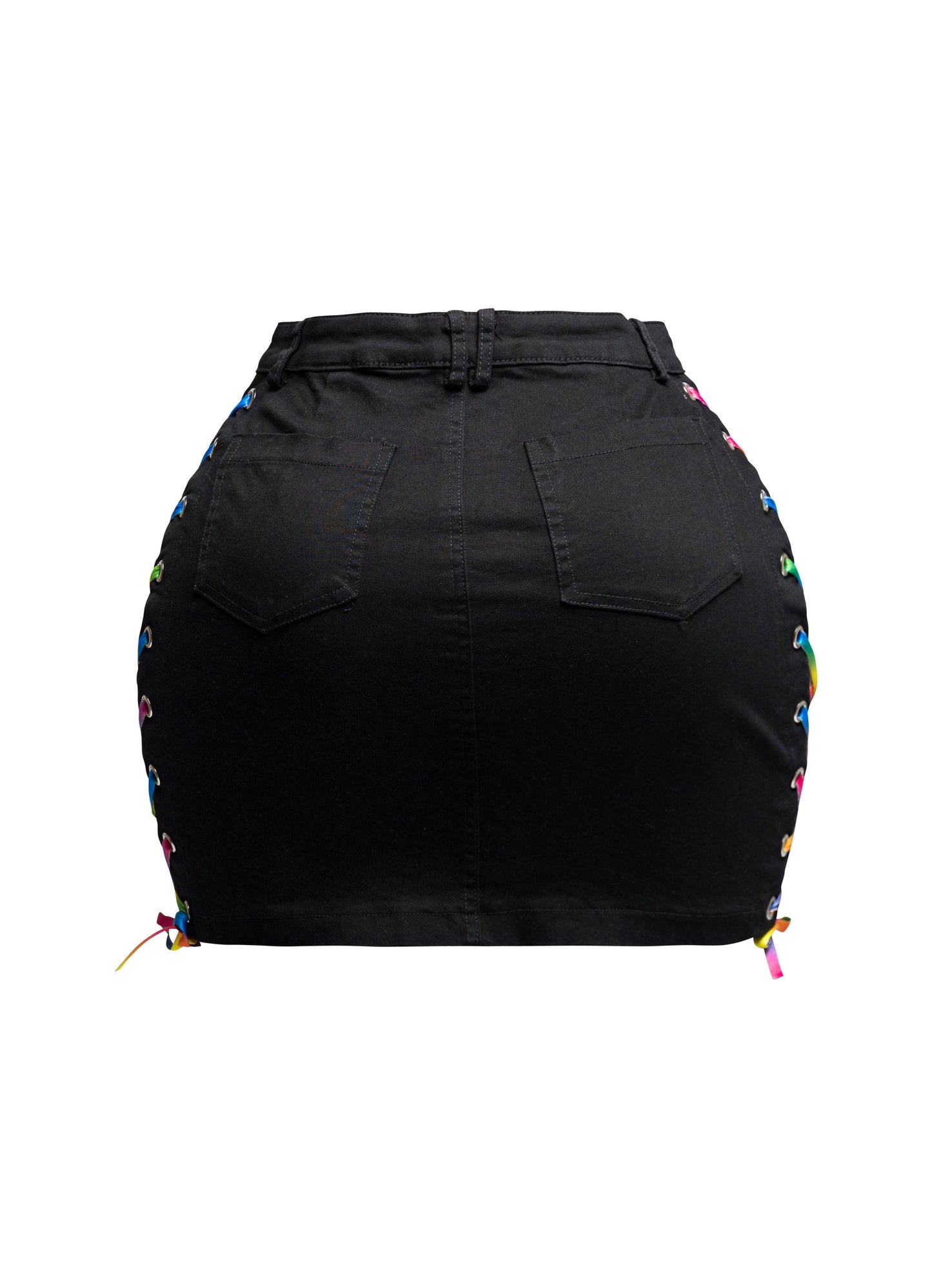 Distressed Denim Skirt With Rainbow Shoe Lace Up