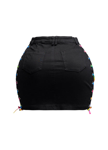 Distressed Denim Skirt With Rainbow Shoe Lace Up