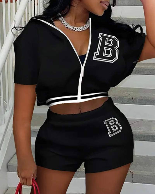 Letter print striped zipper design top shorts set black B