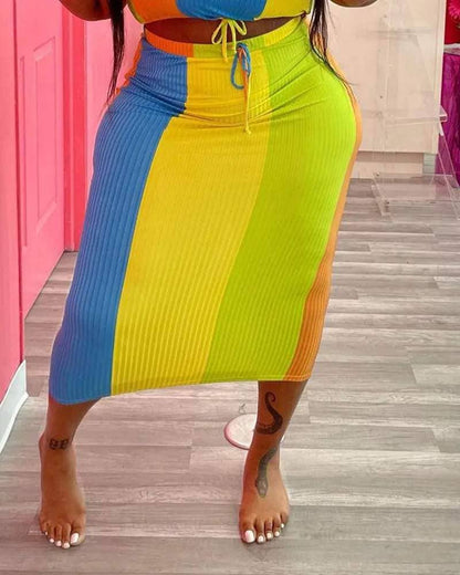 Plus size colorblock ribbed crop top skirt set rainbow