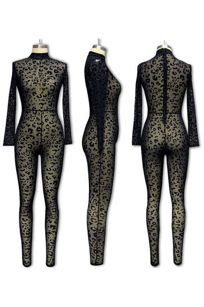 Leopard mesh long sleeves jumpsuit