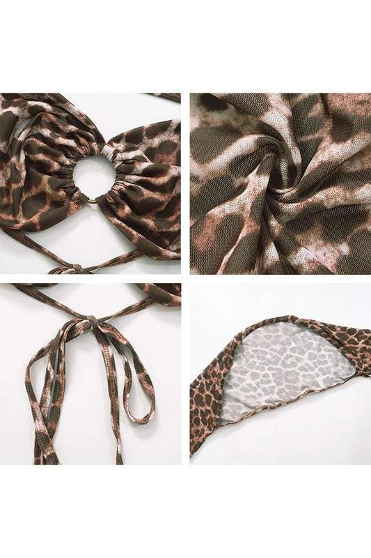 Leopard sheer lace up tube shawl shorts set 3 piece set