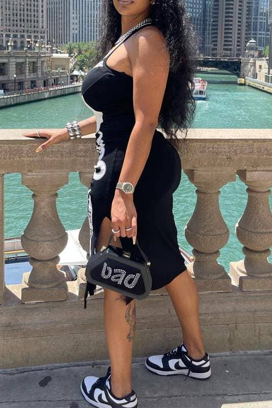 Graphic tank pencil midi dress racing black