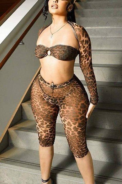 Leopard sheer lace up tube shawl shorts set 3 piece set