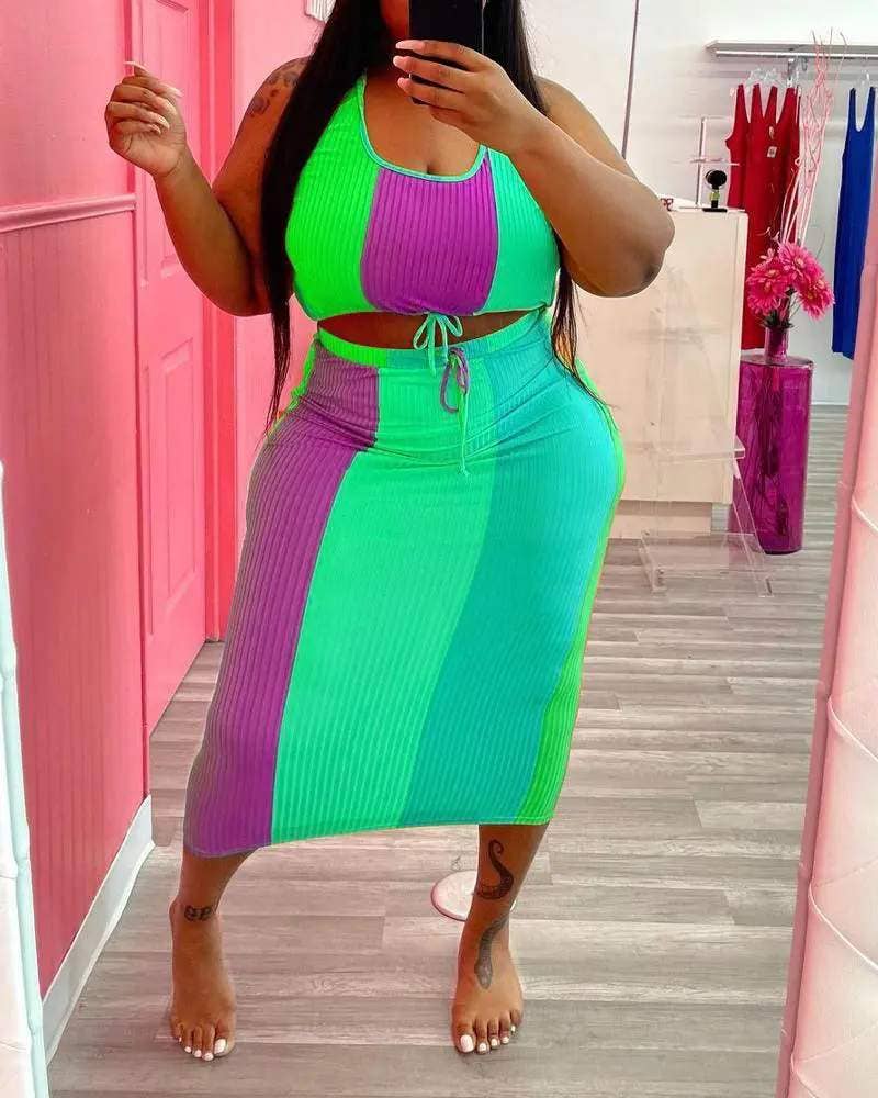 Plus size colorblock ribbed crop top skirt set rainbow