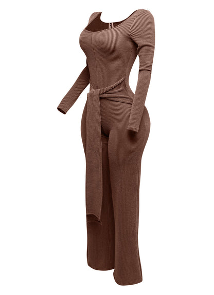 Plus Size Ribbed long sleeve jumpsuit with tie