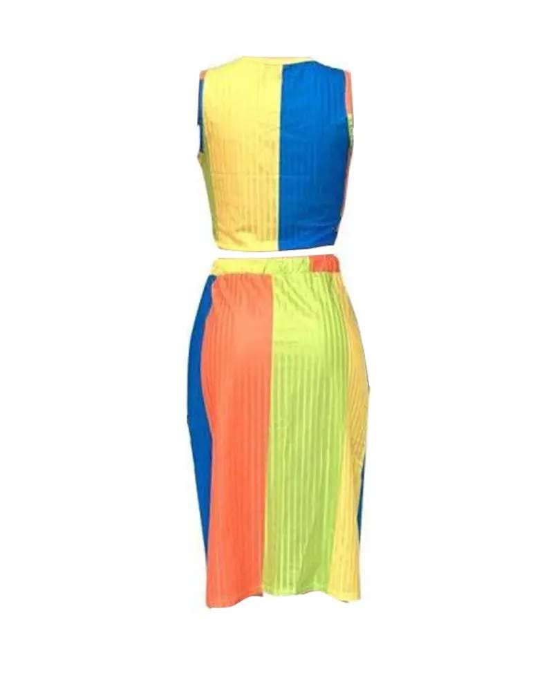 Plus size colorblock ribbed crop top skirt set rainbow