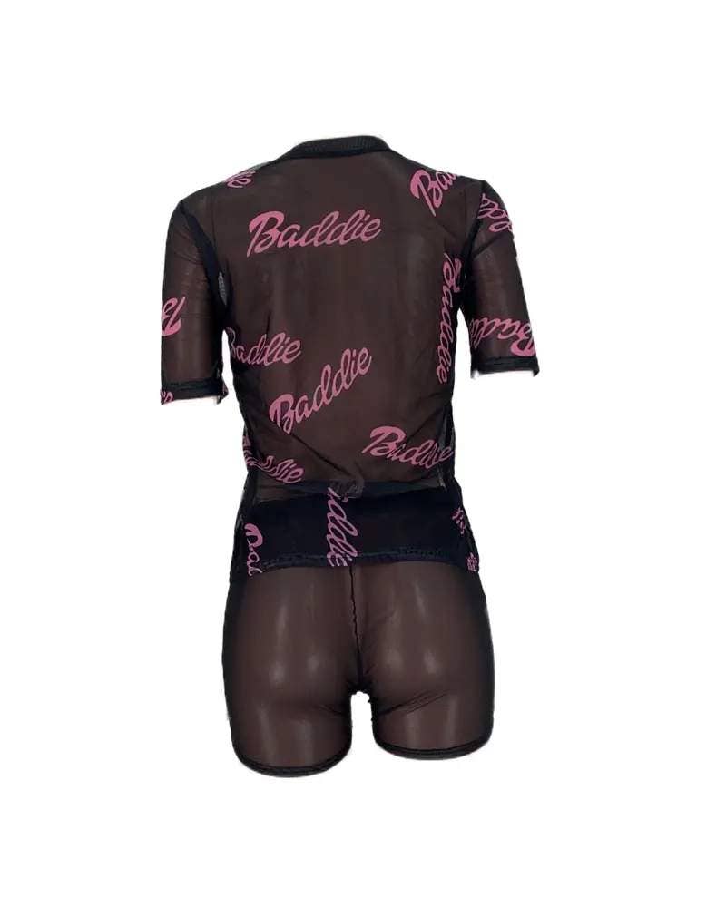 Letter print sheer mesh top shorts set