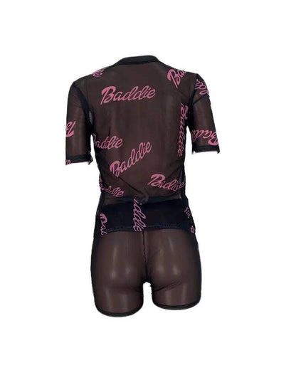 Letter print sheer mesh top shorts set