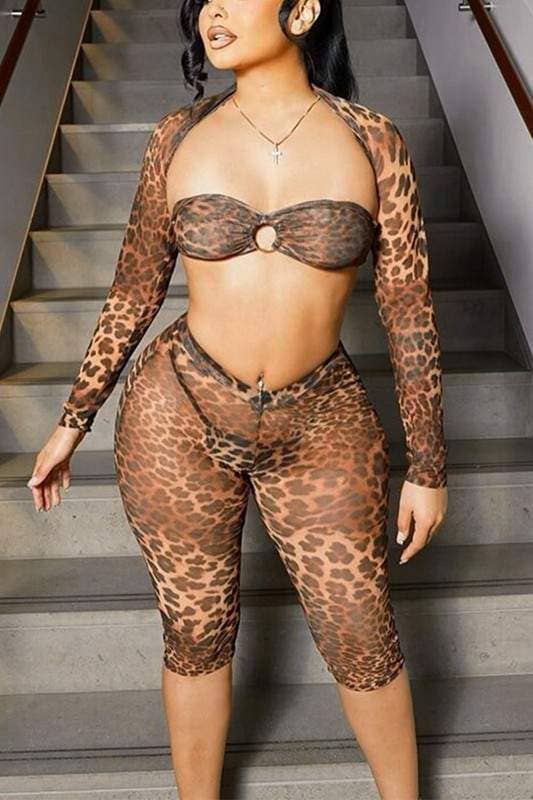 Leopard sheer lace up tube shawl shorts set 3 piece set