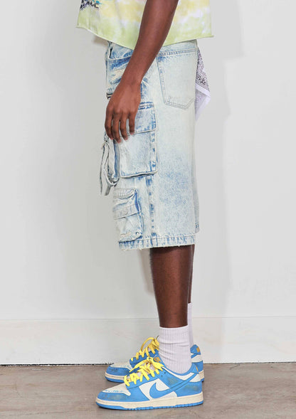 WASHED MULTI CARGO DENIM JORTS