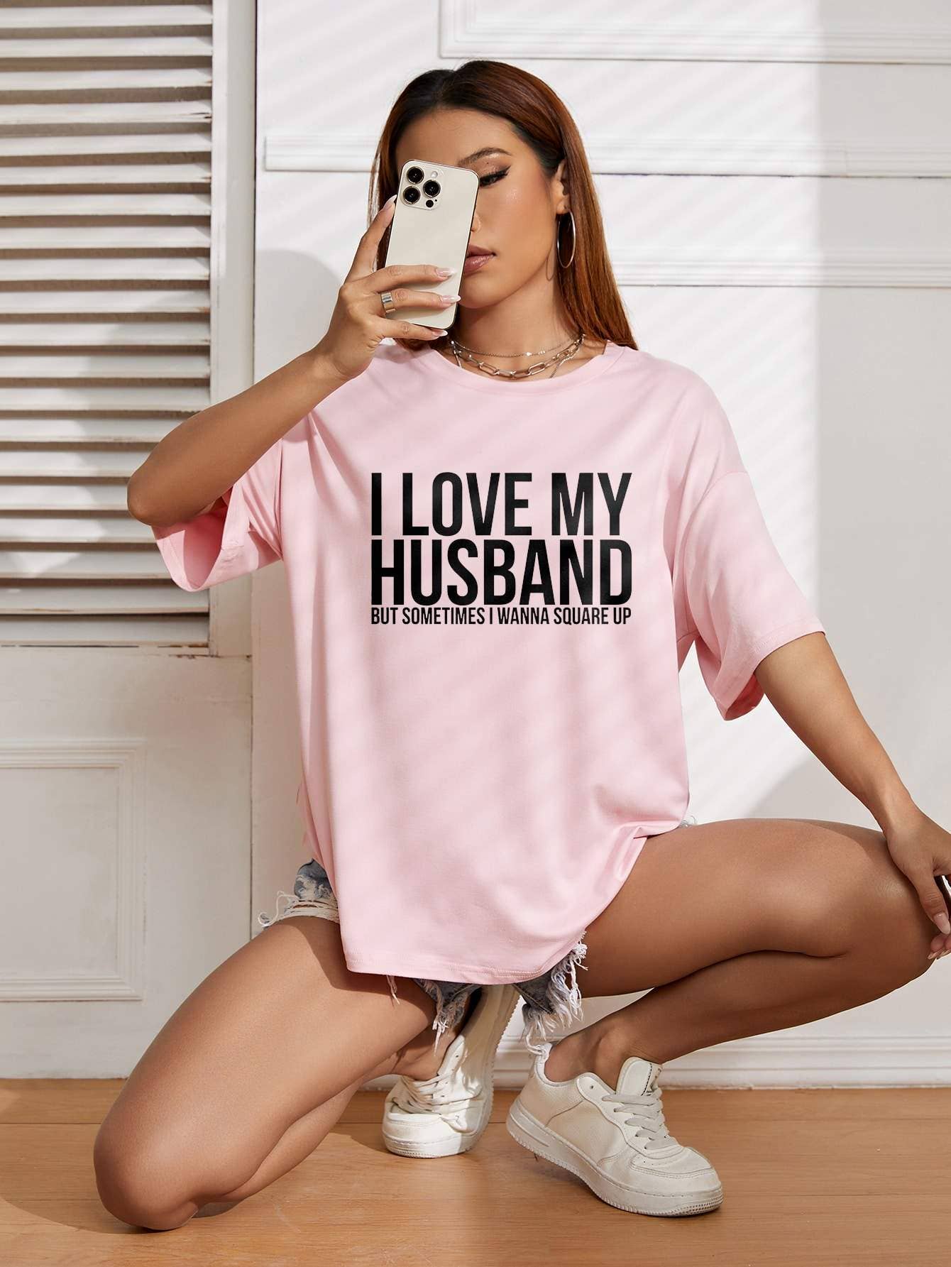 Ezwear slogan graphic drop shoulder tee I love my husband