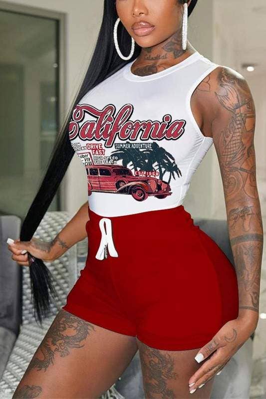 Graphic Tee and Shorts Set - Sleeveless Racer Car Design
